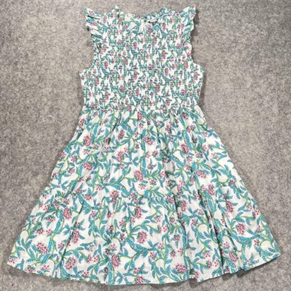J Crew Dress Womens L Blue White Pink Floral Smocked Sleeveless Ruffle Sundress